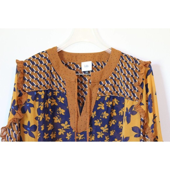 NWT Cabi Floral Harmony Ruffle Boho Blouse 3953 Brown Blue Size Small H14864 - Picture 4 of 12